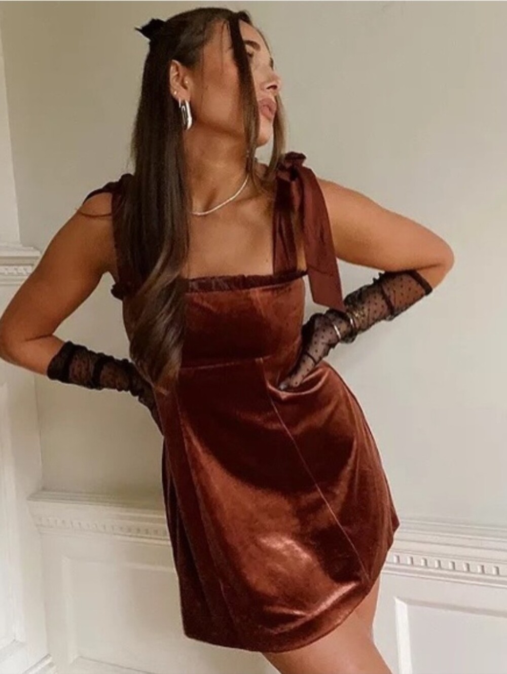 Velvet Tie-Shoulder Mini Dress in Deep Brown